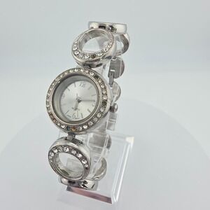 Vtg ACCUTIME‎ Ladies Watch Crystal Accents Geometric Link Band Stainless 7.25"